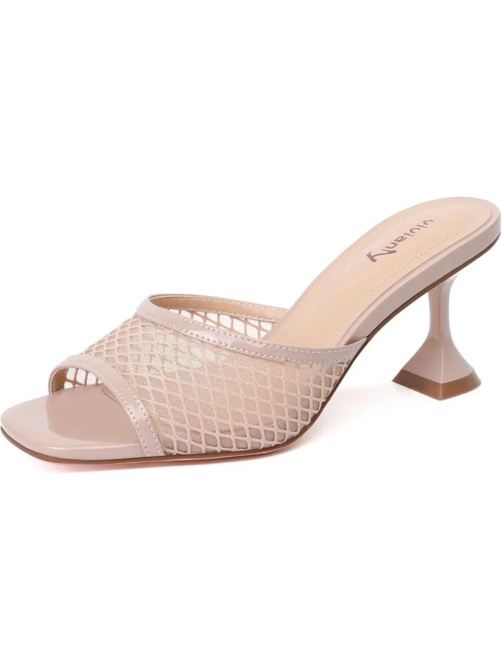 Women's Nude Mesh Stylish Square Open Toe Slip on Heeled Slides Mules Sandals
